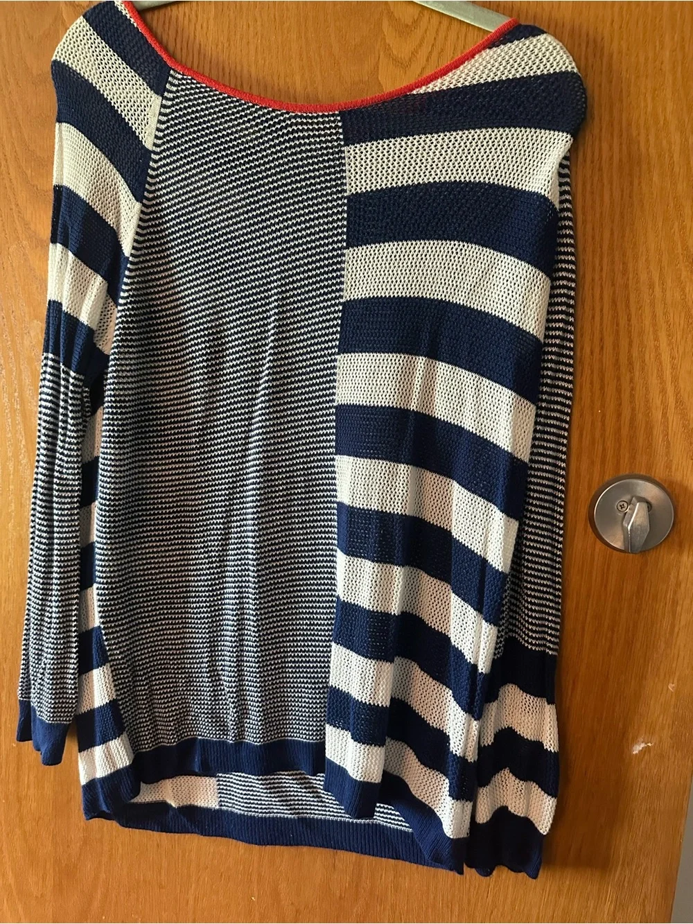 Fever Navy and White Striped Knit Top with Red Trim - Picture 1 of 3